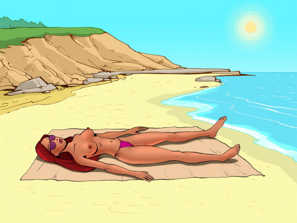 Stacked Redhead Sunbathing Topless